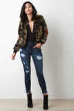 Embroidered Faux Fur Camouflage Bomber Jacket