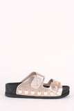 Bamboo Crinkled Faux Pearl Double Band Slide Sandal