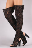 Bamboo Floral Lace Peep Toe Chunky Heeled Over-The-Knee Boots