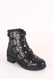 Faux Pearl Buckled Strap Moto Ankle Boots
