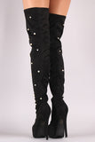 Suede Pearl Embellished Pointy Toe Stiletto Platform Thigh High Boots
