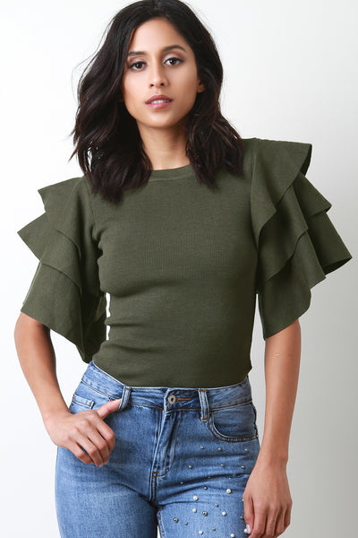 Triple Ruffled Knitted Sweater Top