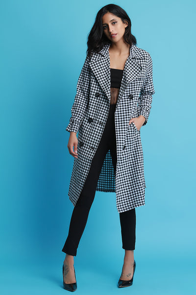 Gingham Double-Breasted Trench Coat