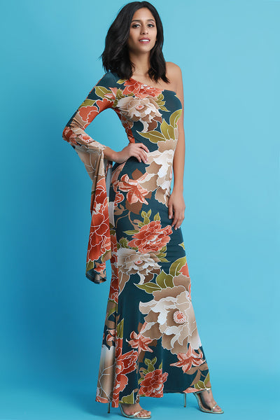 One Shoulder Kimono Floral Mermaid Maxi Dress