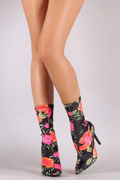 Floral Velvet Pointy Toe Stiletto Sock Mid-Calf Boots
