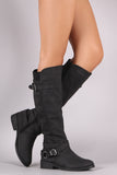 Qupid Distressed Crisscross Buckled Strap Riding Knee High Boots