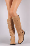 Qupid Distressed Crisscross Buckled Strap Riding Knee High Boots