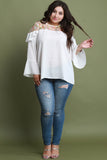Floral Embroidered Mesh Yoke Trumpet Statement Sleeve Top