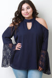 Trumpet Lace Sleeves Cold Shoulder Top