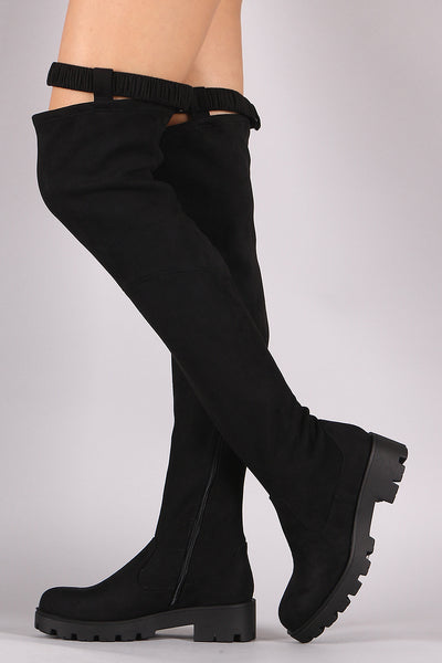 Bamboo Suede Elastic Strap Lug Sole Over-The-Knee Platform Boots
