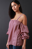 Satin Pearl Straps Ruched Statement Sleeve Top