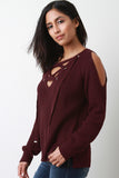 Rib Knit Lace-Up Cold Shoulder Sweater Top