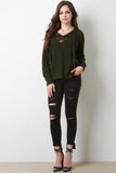 Rib Knit Lace-Up Cold Shoulder Sweater Top