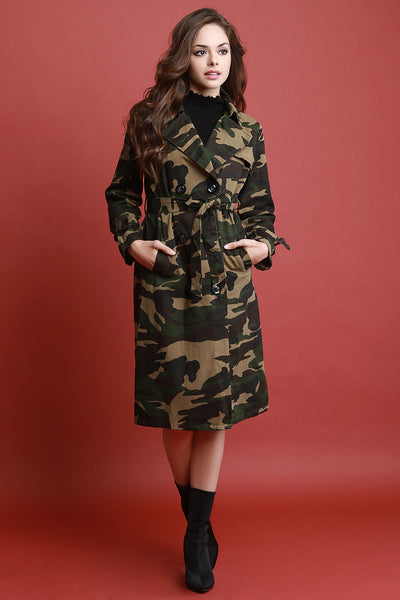 Camouflage Waist Sash Trench Coat