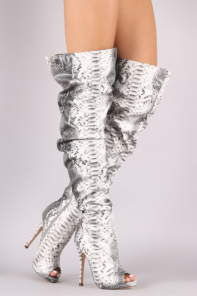 Liliana Slouchy Python Peep Toe Stiletto Over-The-Knee Boots