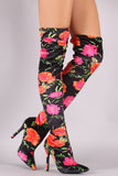 Velvet Floral Pointy Toe Stiletto OTK Boots