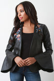 Embroidered-Floral Open Front Vegan Leather Jacket