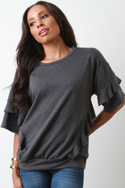 Soft Knit Ruffled Tiered Elbow Sleeves Top