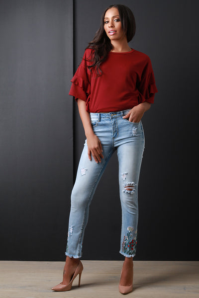 Embroidered-Floral Denim Slim Ripped Ankle Jeans