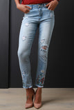 Embroidered-Floral Denim Slim Ripped Ankle Jeans