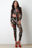 Chain Print Keyhole Crop Top and Striped Leggings Set
