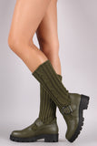 Bamboo Buckled Sweater Shaft Lug Sole Platform Boots