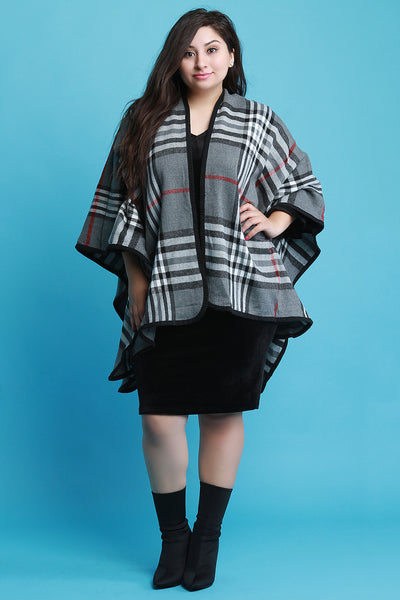 Plaid Pattern Open Front Poncho