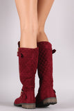 Quilted Suede Buckle And Zipper Trim Knee High Riding Boots