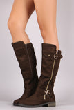 Quilted Suede Buckle And Zipper Trim Knee High Riding Boots