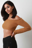 Fuzzy Sweater Knit Off The Shoulder Crop Top