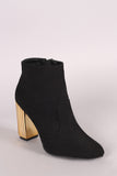 Qupid Suede Pointy Toe Textured Metallic Chunky Heeled Booties