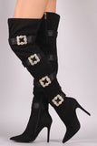 Faux-Crystal Buckle Embellished Suede Pointy Toe Over-The-Knee Stiletto Boots