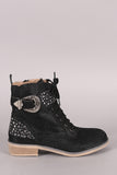 Glitter Studded Buckle Malitary Lace Up Booties
