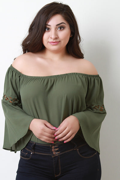 Chiffon Lattice Inset Bell Sleeves Off-The-Shoulder Blouse