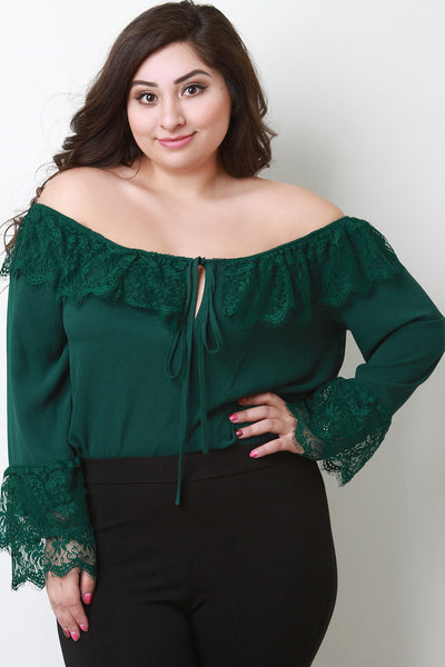 Floral Lace Tier Off The Shoulder Bell Sleeve Top