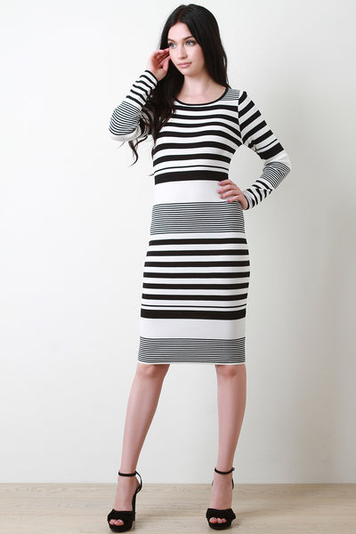 Striped Knit Long Sleeve Bodycon Midi Dress