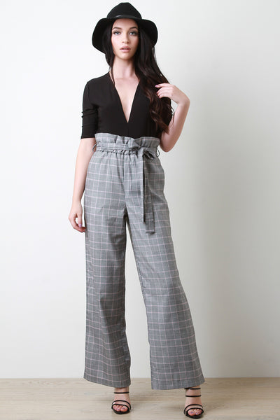 High Waisted Glen Plaid Cinched Bow-Tie Wide Leg Pants