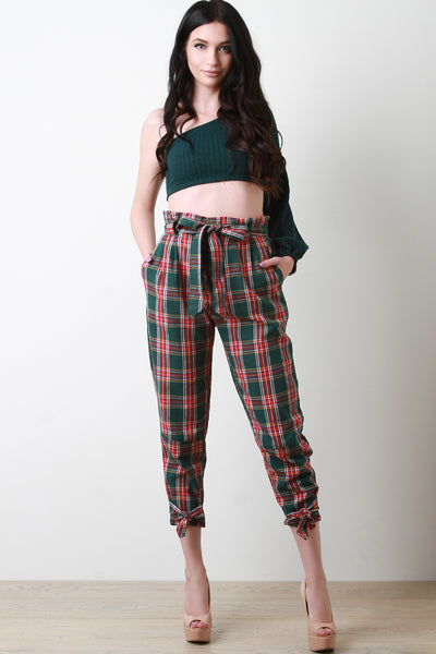 Plaid Cinched Bow-Tie High Waisted Pants