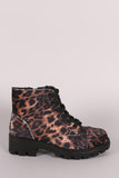 Bamboo Leopard Velvet Lace-Up Combat Ankle Boots