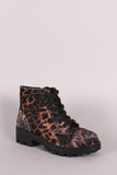 Bamboo Leopard Velvet Lace-Up Combat Ankle Boots