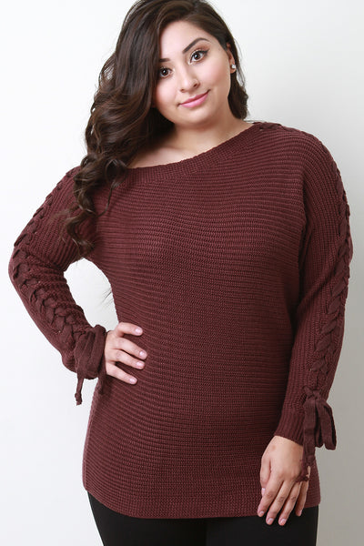 Bateau Braided Long Sleeves Ribbed Knit Sweater