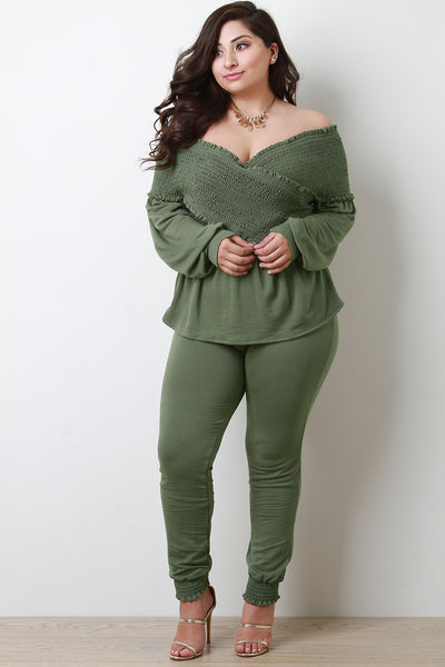 Smocked Off The Shoulder Top With Jogger Pants Set