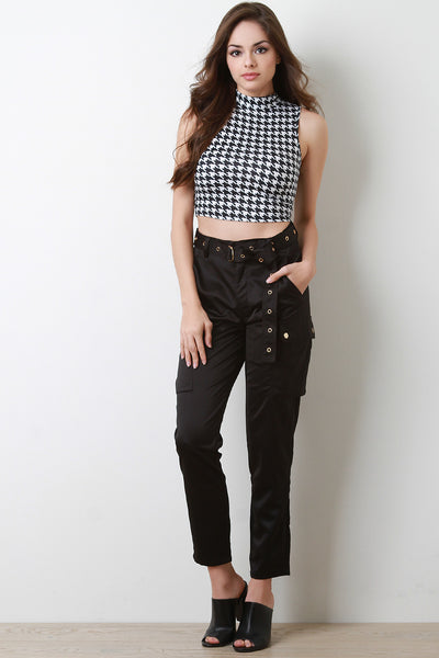 Satin High Waisted Belted Cargo Pants