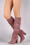 Suede Pointy Toe Chunky Heeled Knee High Boots