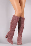 Suede Pointy Toe Chunky Heeled Knee High Boots