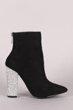 Suede Pointy Toe Glitter-Encrusted Chunky Heeled Ankle Boots