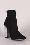 Suede Pointy Toe Glitter-Encrusted Chunky Heeled Ankle Boots