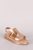 Bamboo Cracked Metallic T-Strap Flatform Sandal