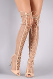 Liliana Floral Mesh Peep Toe Lace Up Stiletto OTK Boots