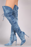 Liliana Denim Pointy Toe Lace-Up Stiletto Over-The-Knee Boots